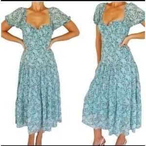 Astr the Label Floral Midi Dress L Sweatheart Puff Sleeve Smocked Cottagecore
